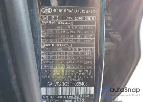 2015 Land Rover Range Rover Evoque Pure z USA, uszkodzony, nr VIN SALVP2BG5FH068403